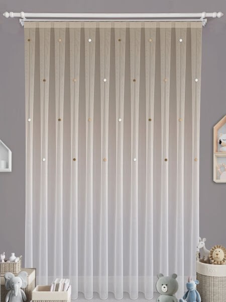 KAHVE BEJ BEYAZ PONPONLU BEJ TÜL