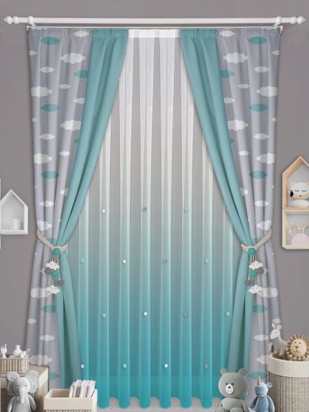 GRİ MİNT BULUT KONSPET FON TÜL PERDE